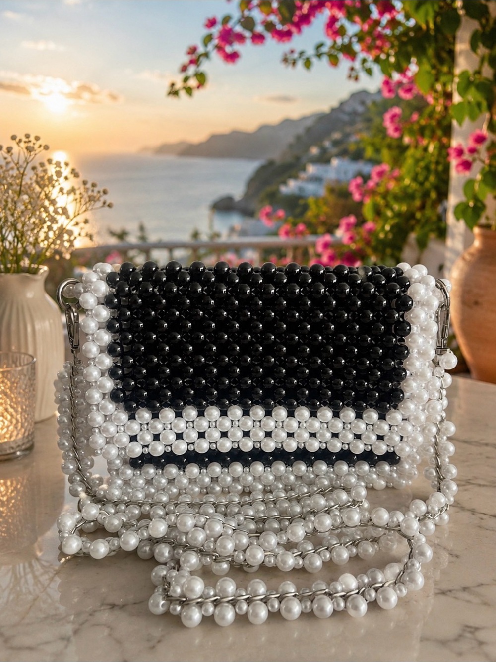 Beaded Pearl Black & White Crossbody Bag